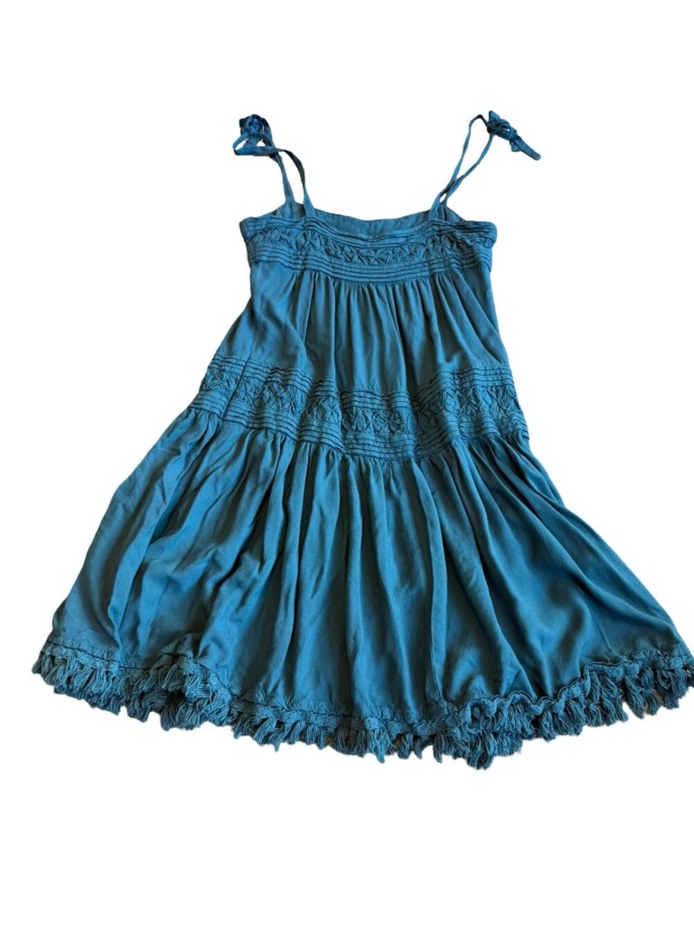 Floreat Tiered Mini Dress Bold Teal Tie Strap Flowy Bohemian Boho Size Small - Picture 7 of 13